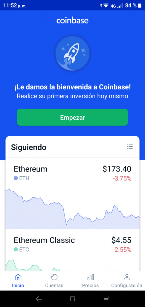 aplicación móvil coinbase